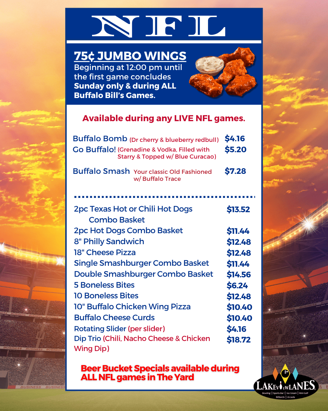 NFL Specials with menu 2025 Thu only 60 cent wings NFL Specials